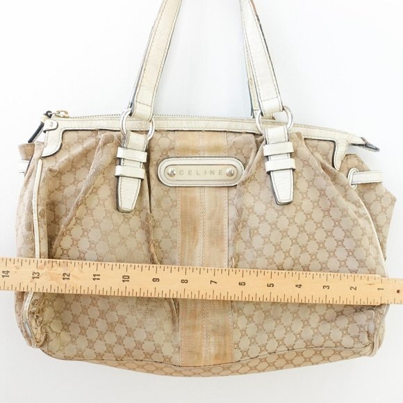 VINTAGE Celine Bag Leather Beige Tote Purse White‎ Macadam Canvas Logo Monogram - Picture 5 of 16